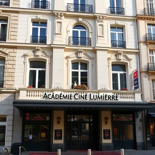 Faäade de l'École de Réalisation Cinématographique Académie Ciné Lumière située à Paris. On voit l'entrée de l'école avec le logo et l'adresse.