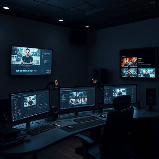 Salle de montage vidéo avec plusieurs postes de travail équipés d'écrans et de logiciels de montage